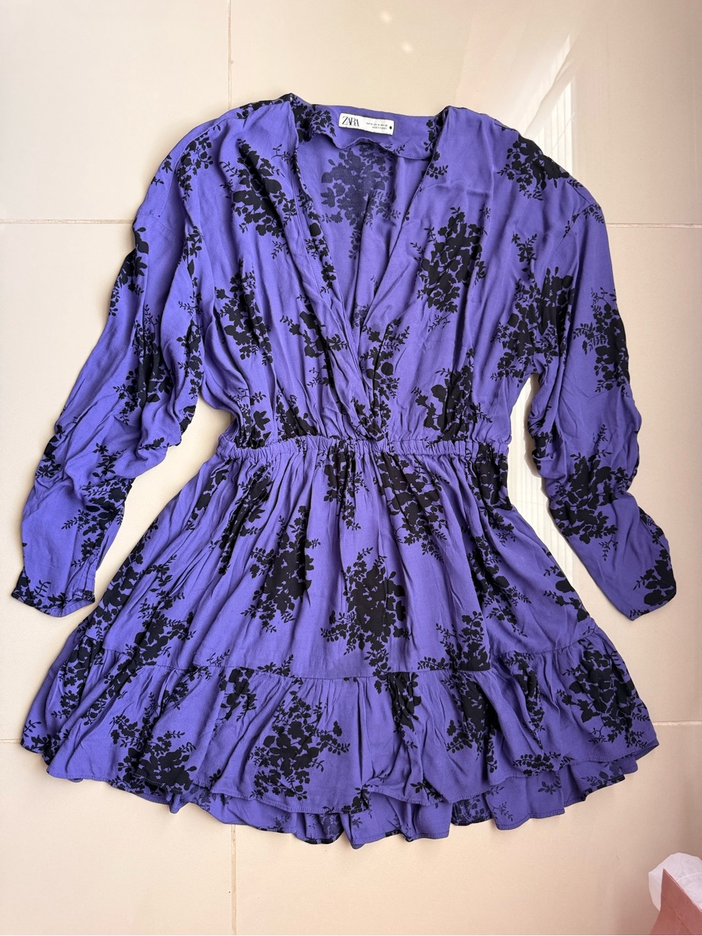 Zara Purple Black Floral Silhouette V-Neck Wrap Mini Dress Size M